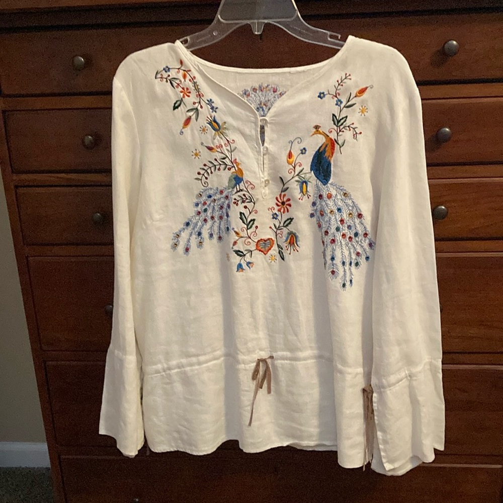 White linen embroidered peasant blouse